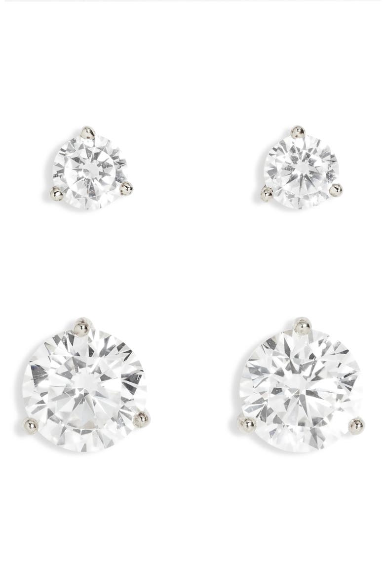 Set of 2 Cubic Zirconia Stud Earrings, Main, color, CLEAR- SILVER
