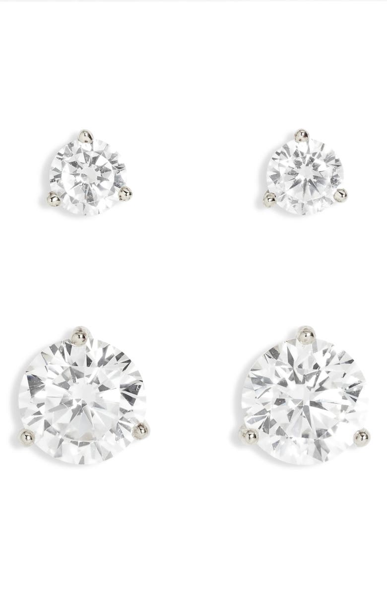 Nordstrom Set of 2 Cubic Zirconia Stud Earrings, Main, color, Clear- Silver