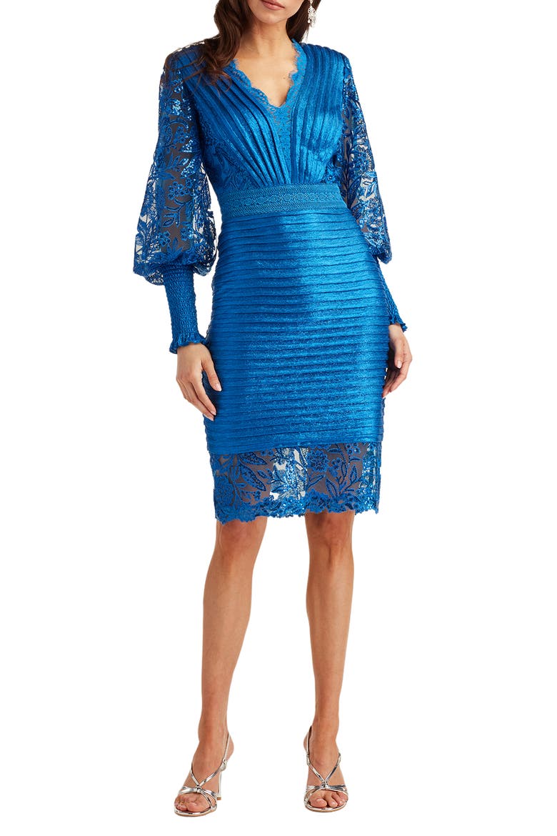 Pleated Sequin Lace Long Sleeve Chiffon Dress, Main, color, PACIFIC BLUE