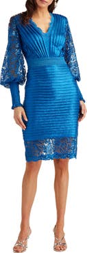 Tadashi Shoji Pleated Sequin Lace Long Sleeve Chiffon Dress