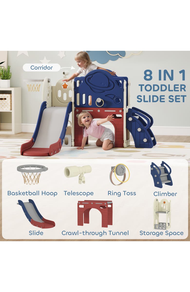 Qaba 8-in-1 Toddler Slide Set, Hoop, Telescope, Indoor/Outdoor, Alternate, color, Blue