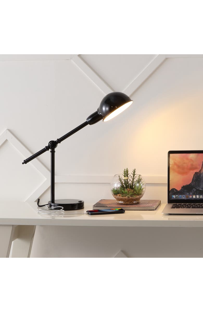 JONATHAN Y Curtis Vintage Industrial Iron Adjustable Dome Shade LED Task Lamp with USB Charging Port, Alternate, color, Black
