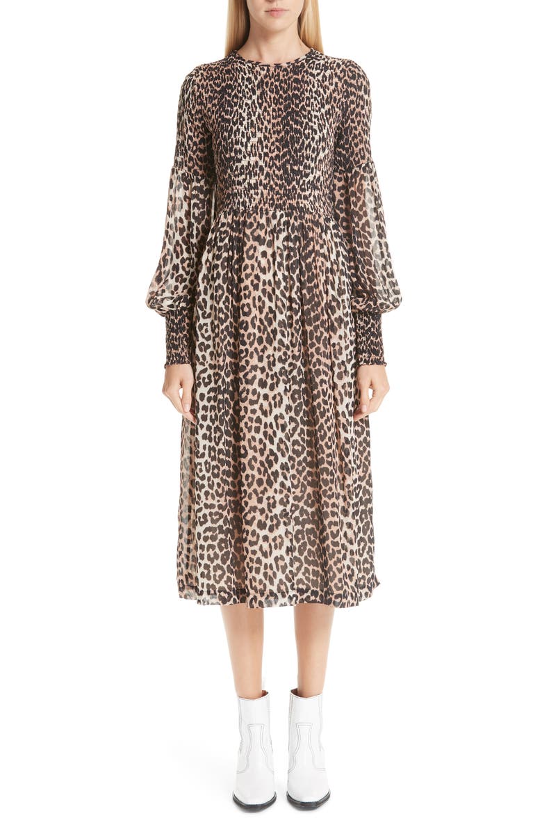 Ganni Leopard Print Georgette Midi Dress, Main, color, 