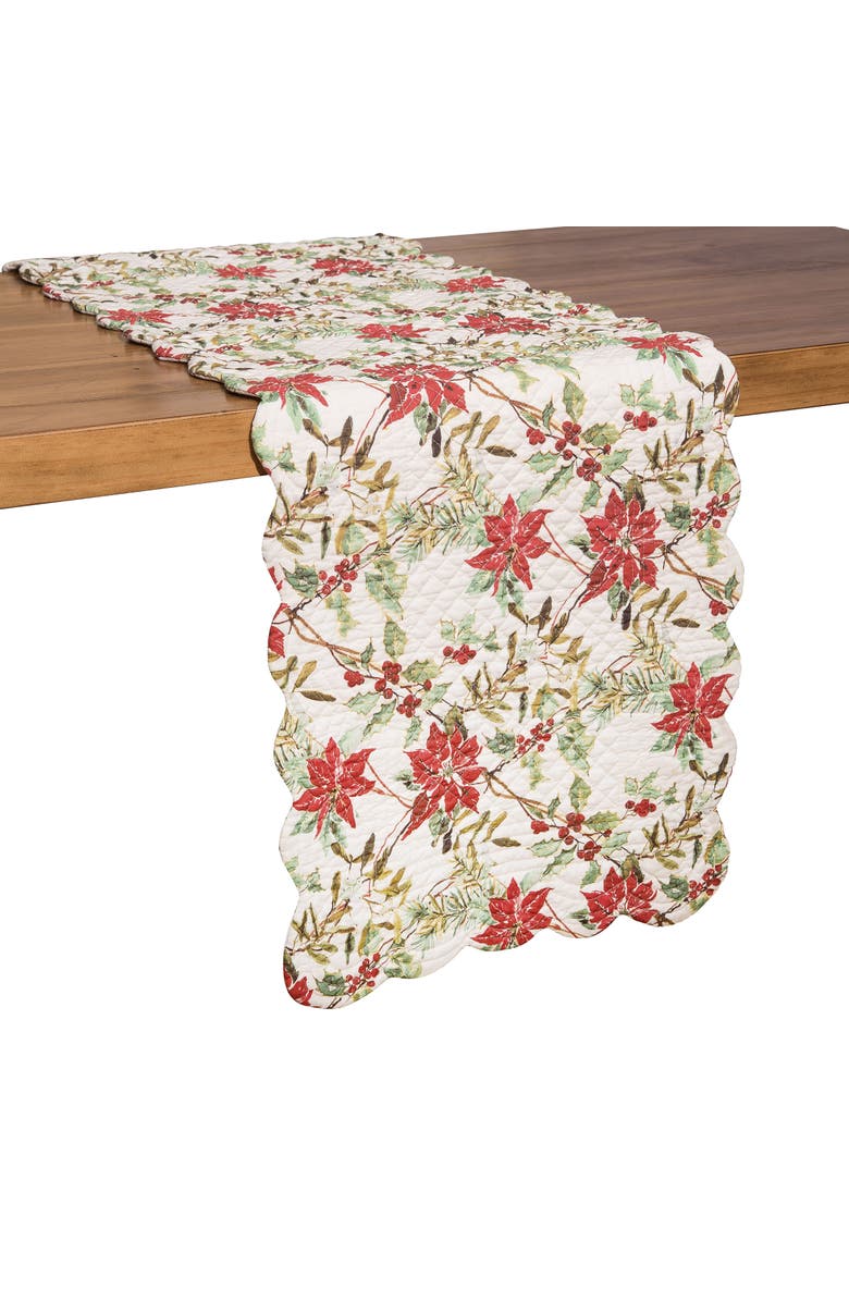 C&F Home Eve Holly Sprig & Poinsettias 100% Cotton Quilted Christmas Table Runner 14" x 51", Alternate, color, Red