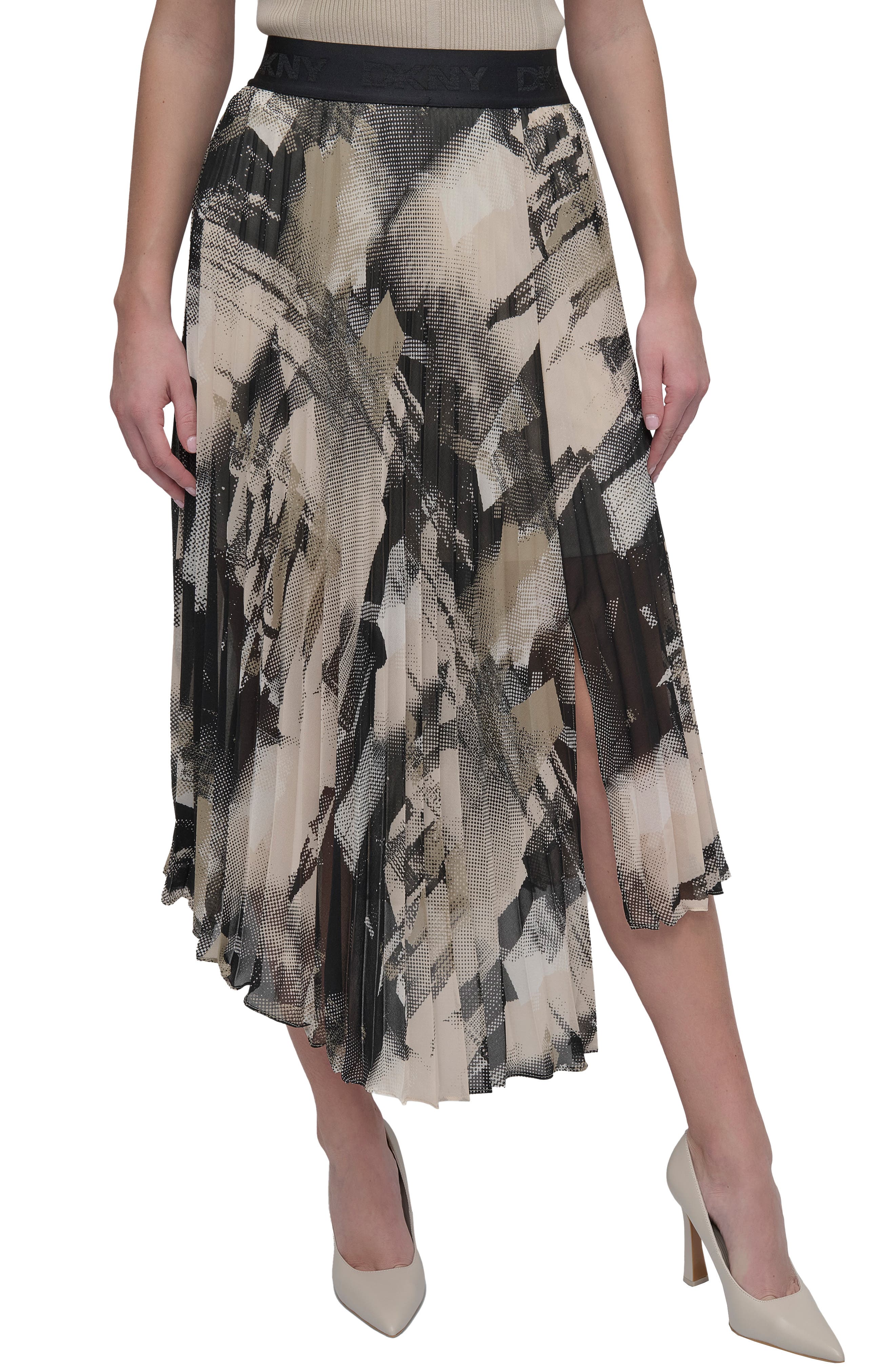 DKNY Print Pleated Asymmetric Midi Skirt