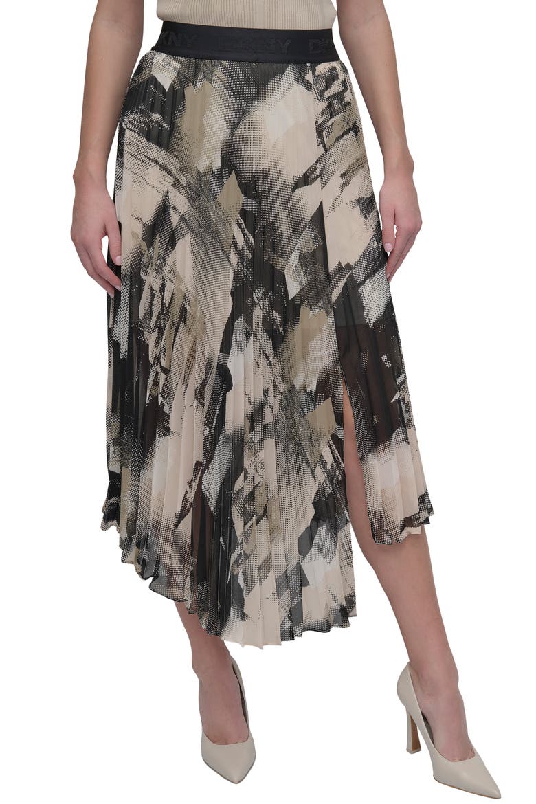Print Pleated Asymmetric Midi Skirt, Main, color, GREY