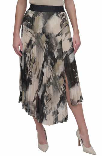 DKNY Print Pleated Asymmetric Midi Skirt