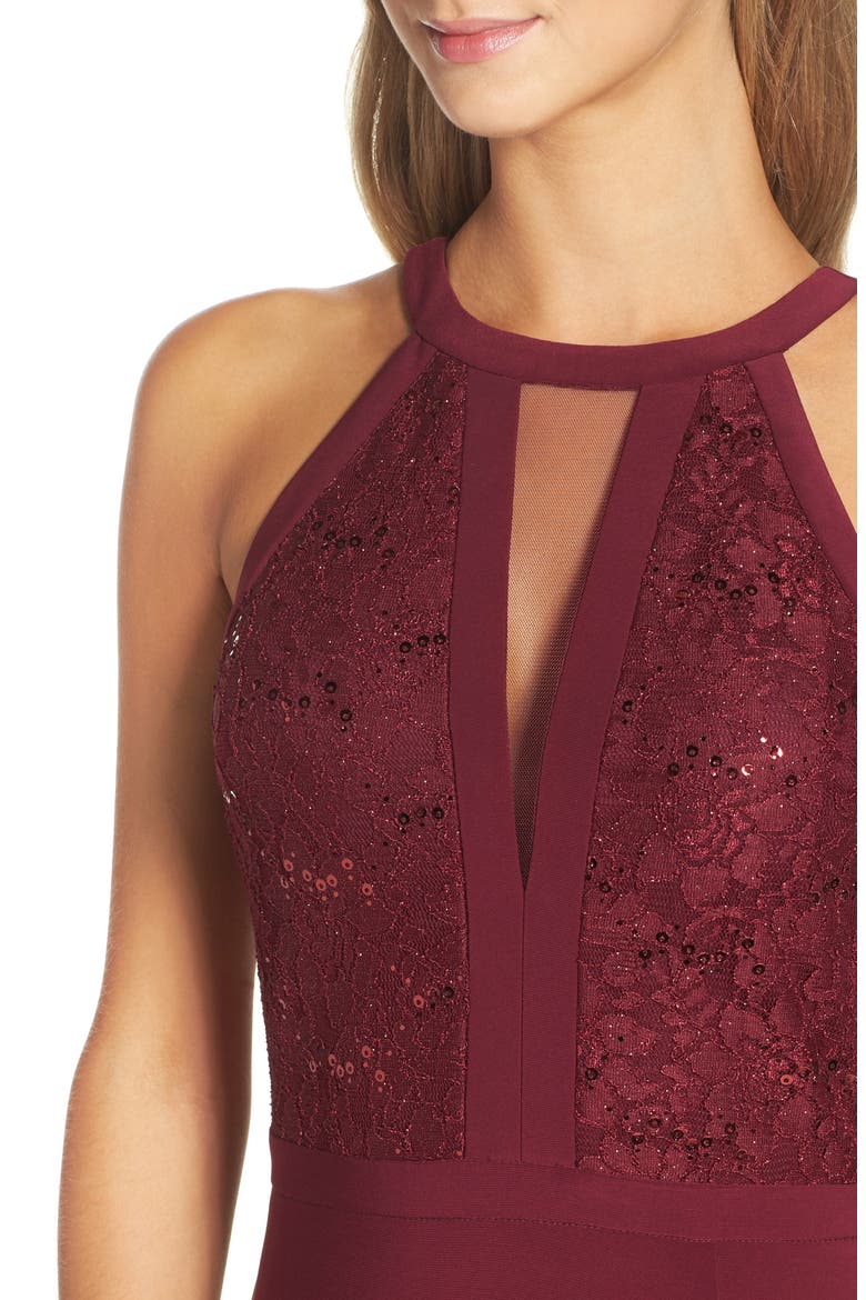 Lace & Jersey A-Line Gown, Alternate, color, MERLOT