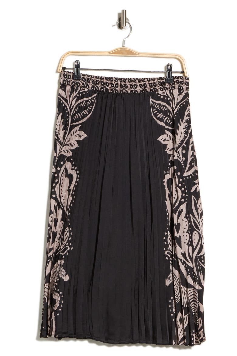 Printed Pleated Midi Skirt, Main, color, BLACK/ TAUPE FLORAL BORDER