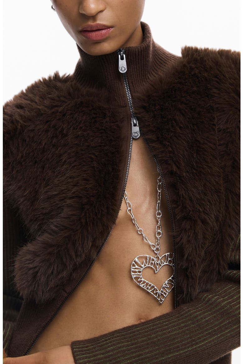 Faux Fur Ribbed Sweater Jacket, Alternate, color, BROWN