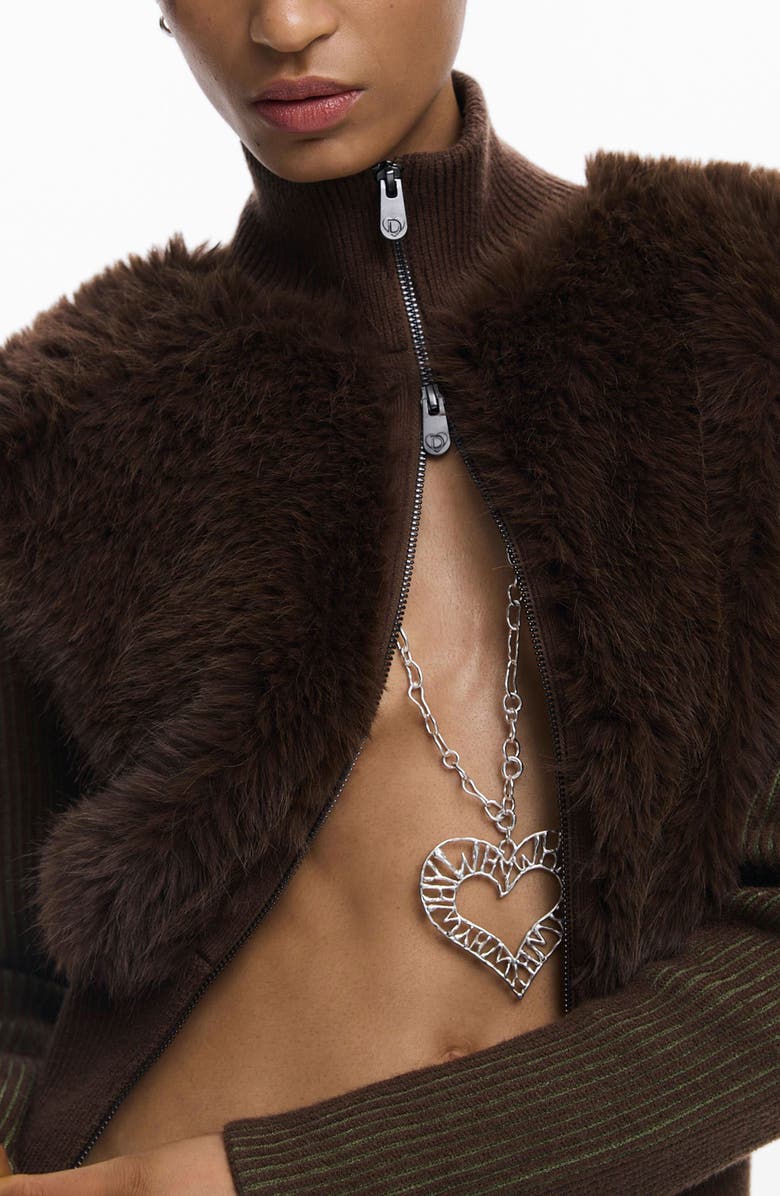 Desigual Faux Fur Ribbed Sweater Jacket, Alternate, color, Brown