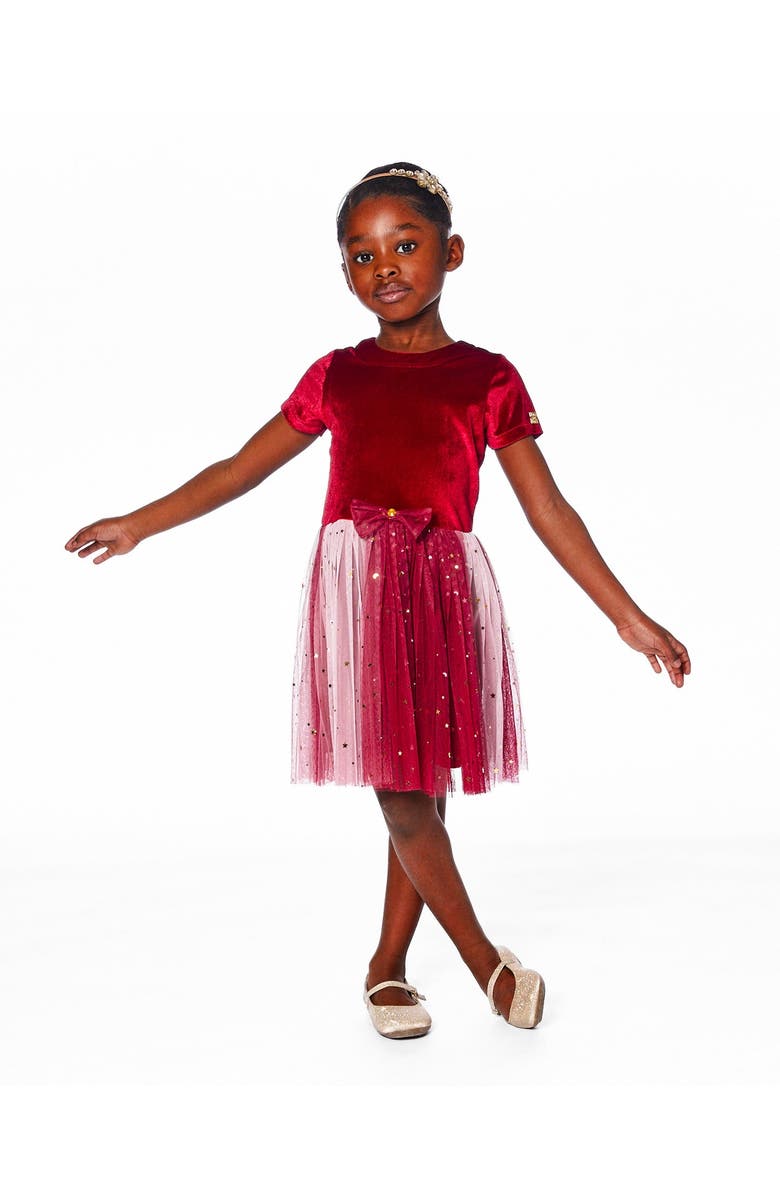 Deux par Deux Bi-Material Short Sleeve Party Dress, Alternate, color, Red