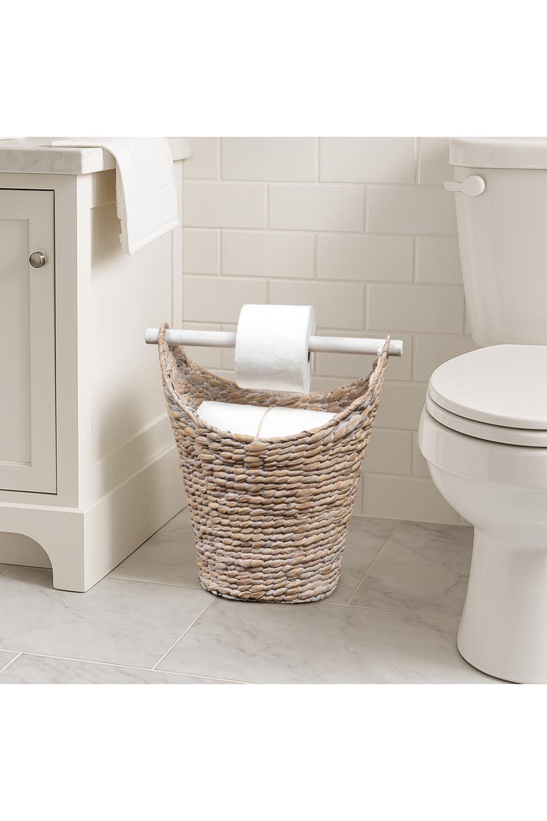 Talia Classic Coastal Hand-Woven Water Hyacinth Toilet Paper Basket with Wood Bar, Alternate, color, White Wash
