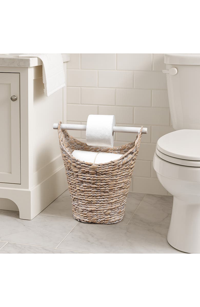 HAPPIMESS Talia Classic Coastal Hand-Woven Water Hyacinth Toilet Paper Basket with Wood Bar, Alternate, color, 