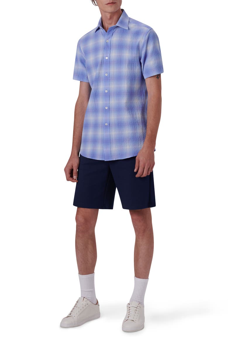 Bugatchi Ombré Check Short Sleeve Cotton Seersucker Button-Up Shirt, Alternate, color, Azure