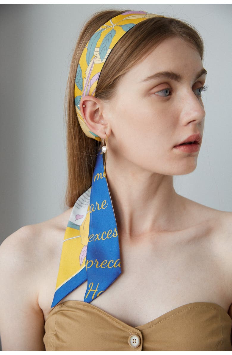 Lost Pattern "El Amor" Silk Twill Skinny Scarf, Alternate, color, Yellow And Blue
