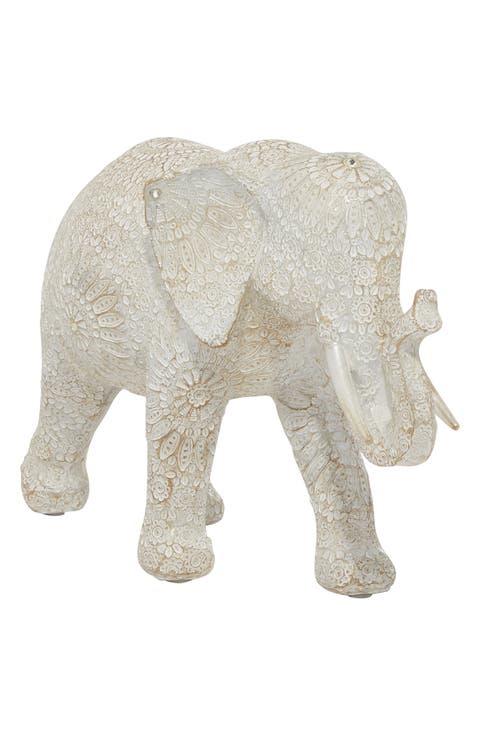 White Polystone Eclectic Elephant Sculpture