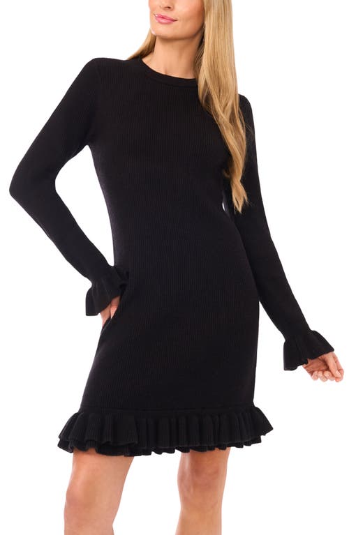 Cece Ruffle Trim Long Sleeve Sweater Minidress In Black