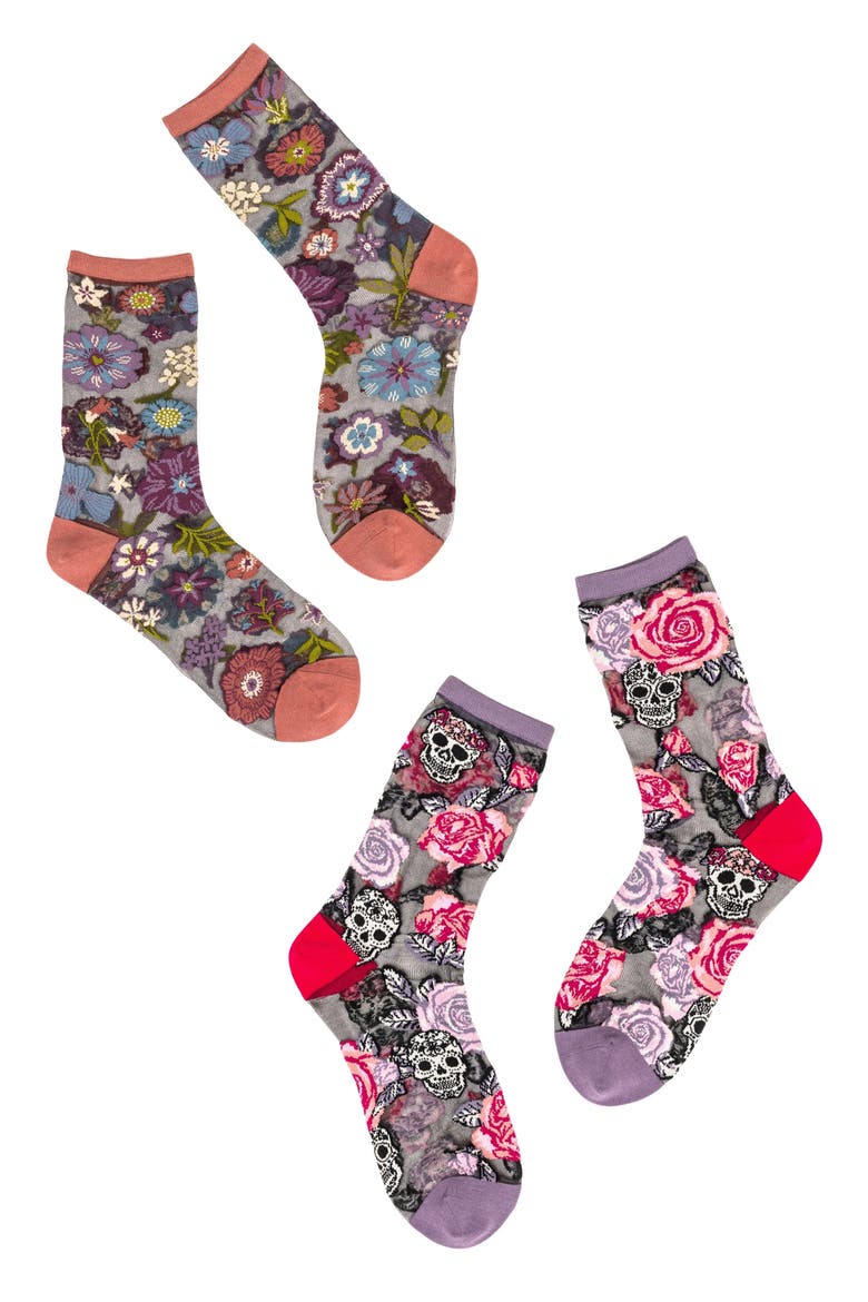 Midnight Blooms Sheer Crew Socks, Main, color, BLACK