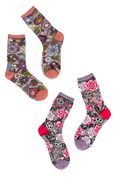 Midnight Blooms Sheer Crew Socks