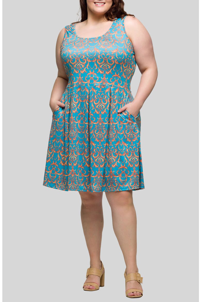 Filigree Print Fit & Flare Dress, Main, color, BLUE MULTI