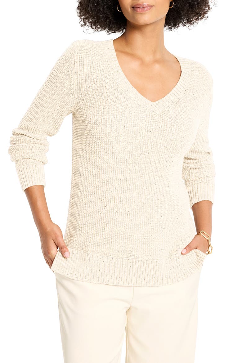 Shimmer V-Neck Waffle Stitch Sweater, Main, color, CLASSIC CREAM