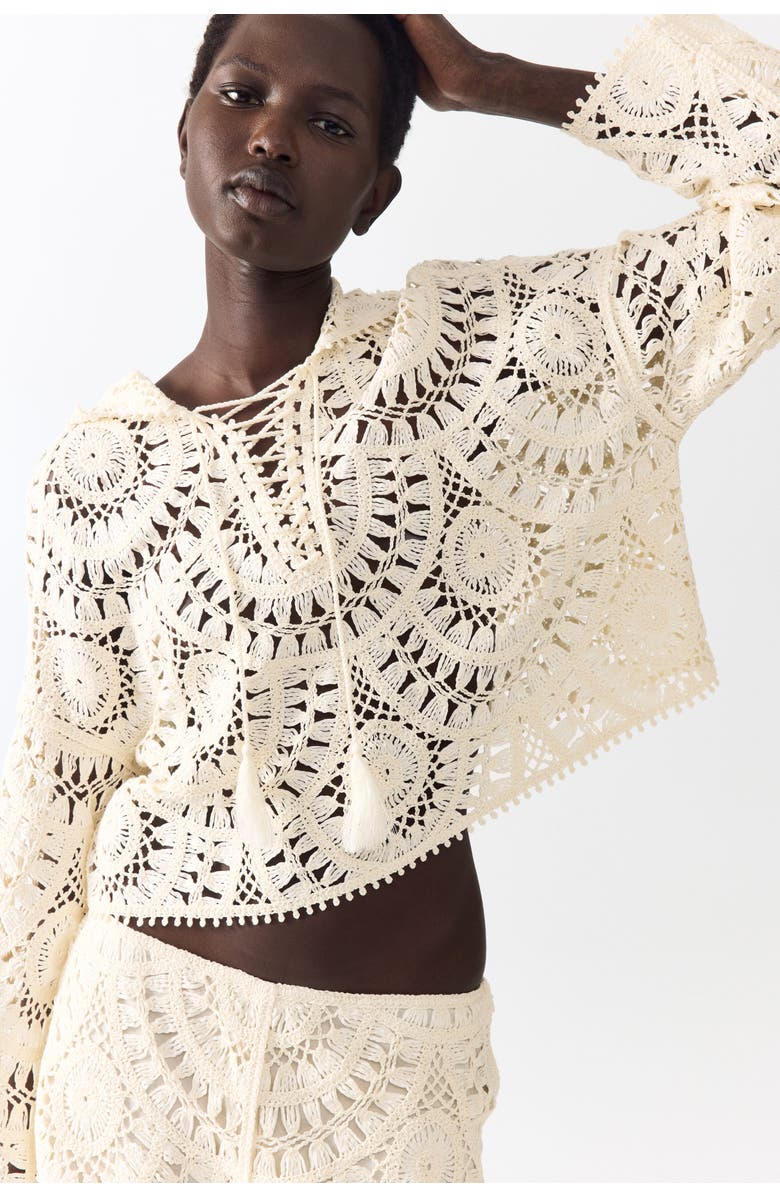 H&M Crochet-look Lace-up Hoodie, Alternate, color, Cream