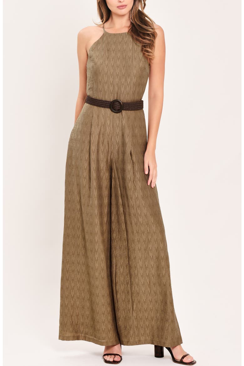 Halter Neck Belted Jumpsuit, Main, color, BROWN