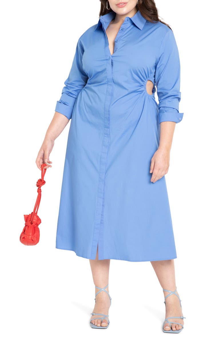ELOQUII Long Sleeve Cutout Midi Shirtdress, Main, color,