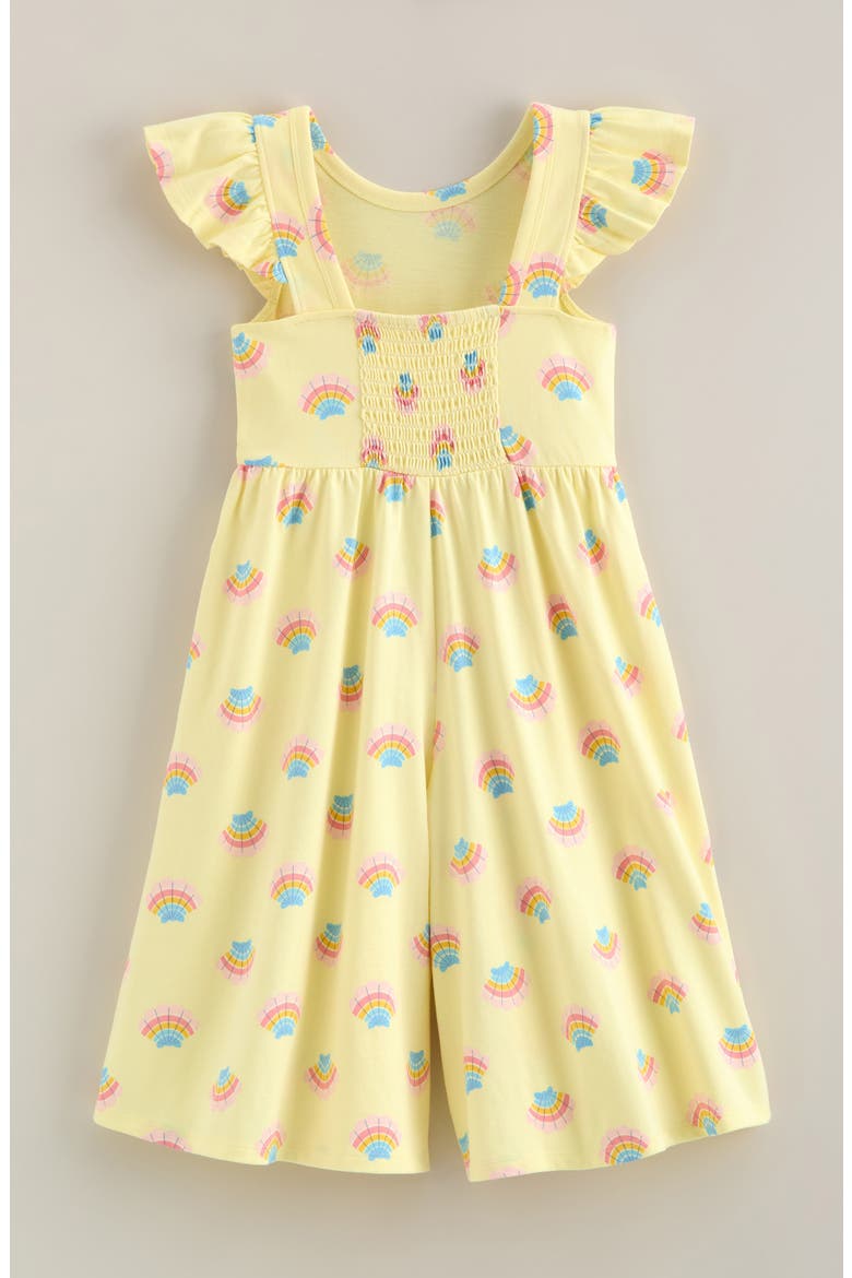 Kids' Print Flutter Sleeve Romper, Alternate, color, YELLOW CANDLE RAINBOW SEASHELL