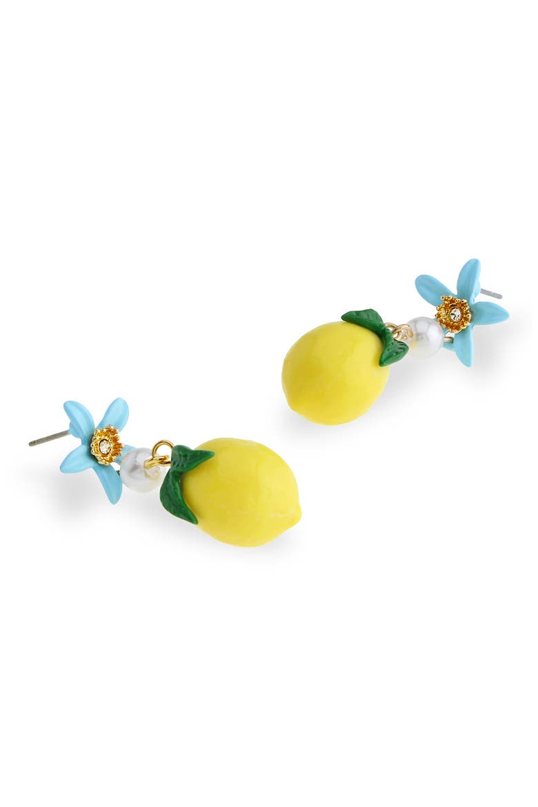 Flower & Lemon Imitation Pearl Drop Earrings, Alternate, color, YELLOW