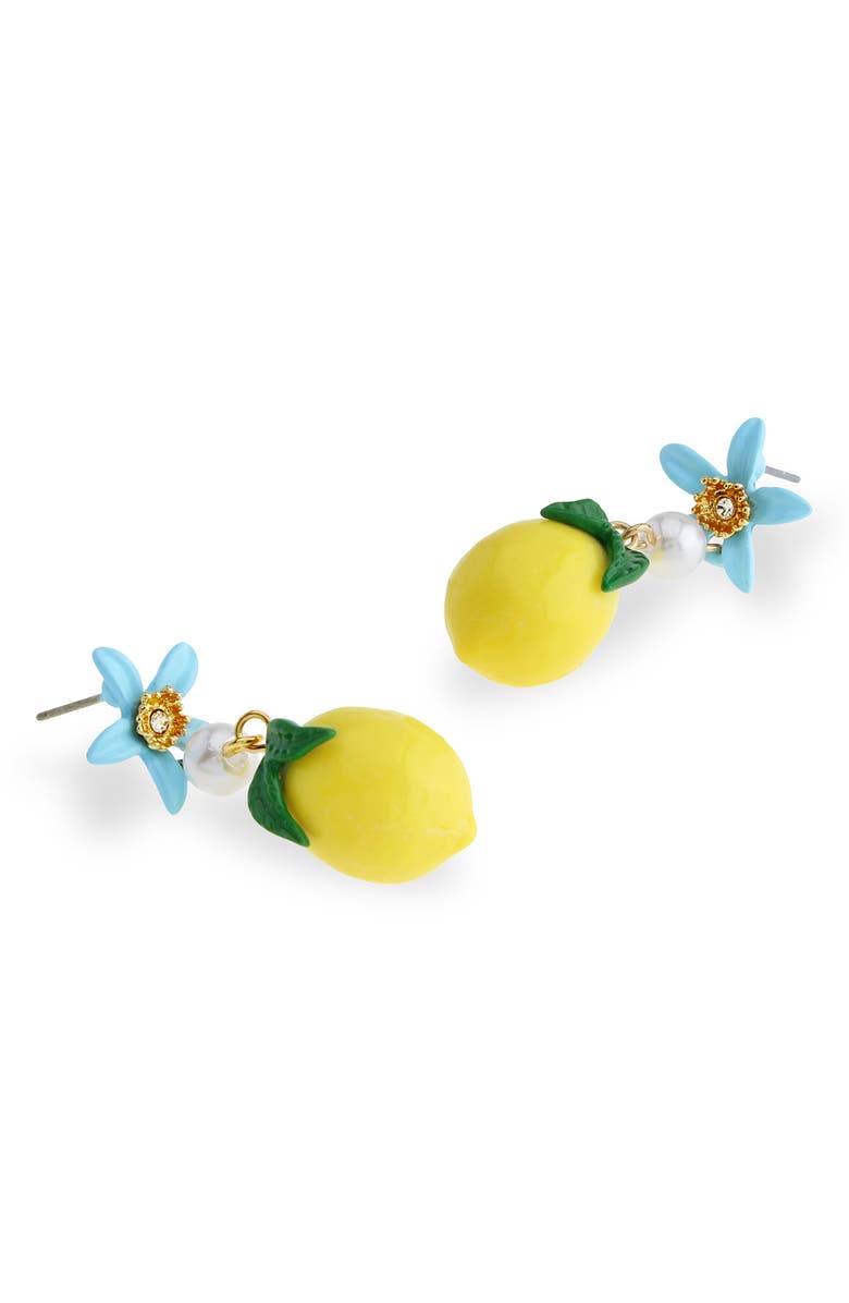 Betsey Johnson Flower & Lemon Imitation Pearl Drop Earrings, Alternate, color, Yellow