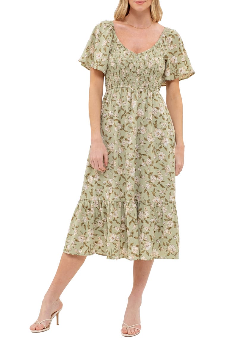 Floral Smocked Short Sleeve Midi Dress, Main, color, LIGHT OLIVE MULTI