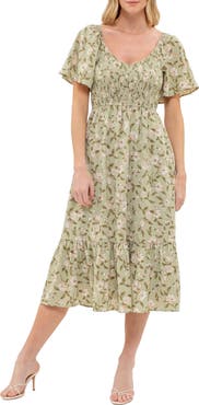 AUGUST SKY Floral Smocked Short Sleeve Midi Dress