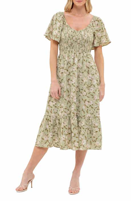 AUGUST SKY Floral Smocked Short Sleeve Midi Dress