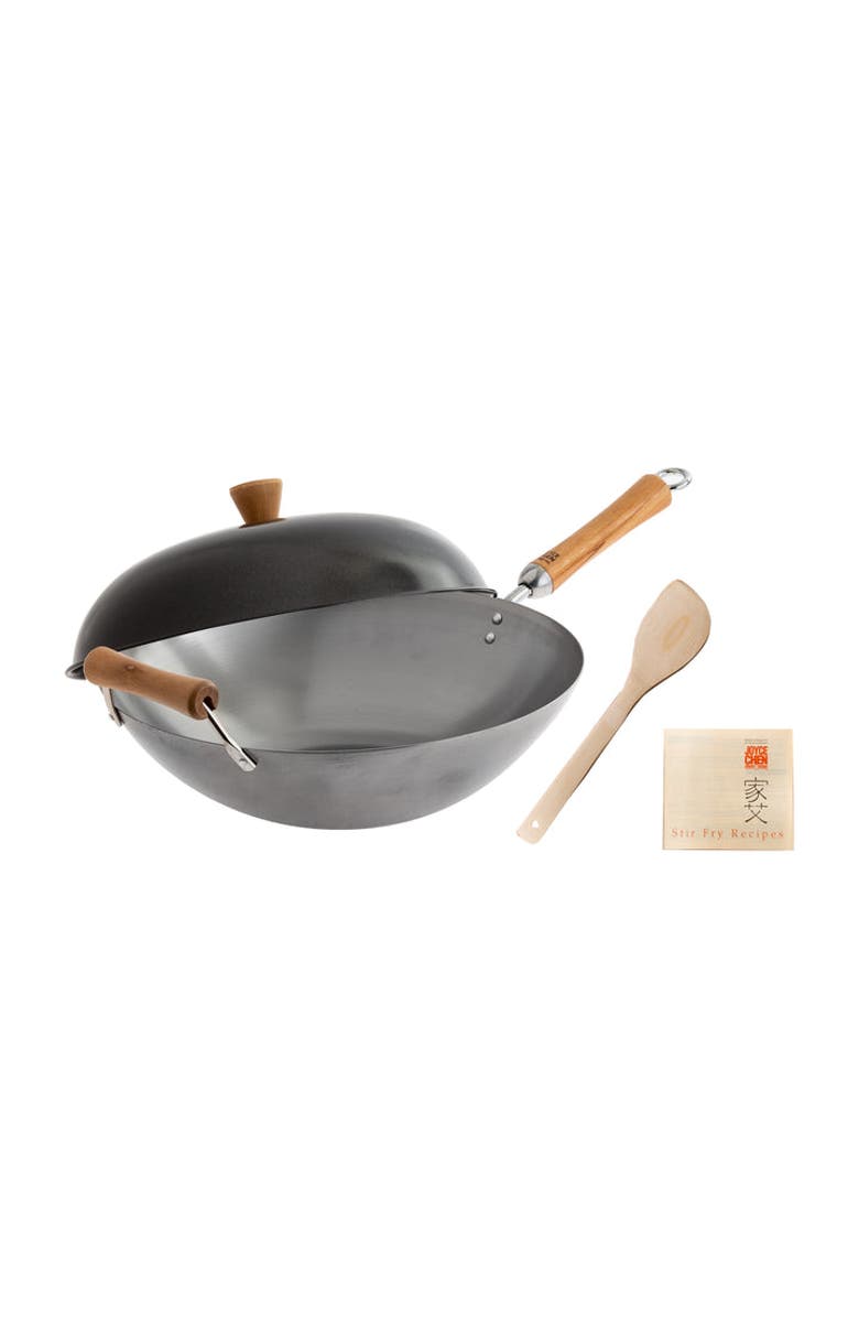 JOYCE CHEN Uncoated Carbon Steel Flat Bottom Wok Set with Lid and Birch Handles, 4 Pieces, Main, color, Metallic Silver