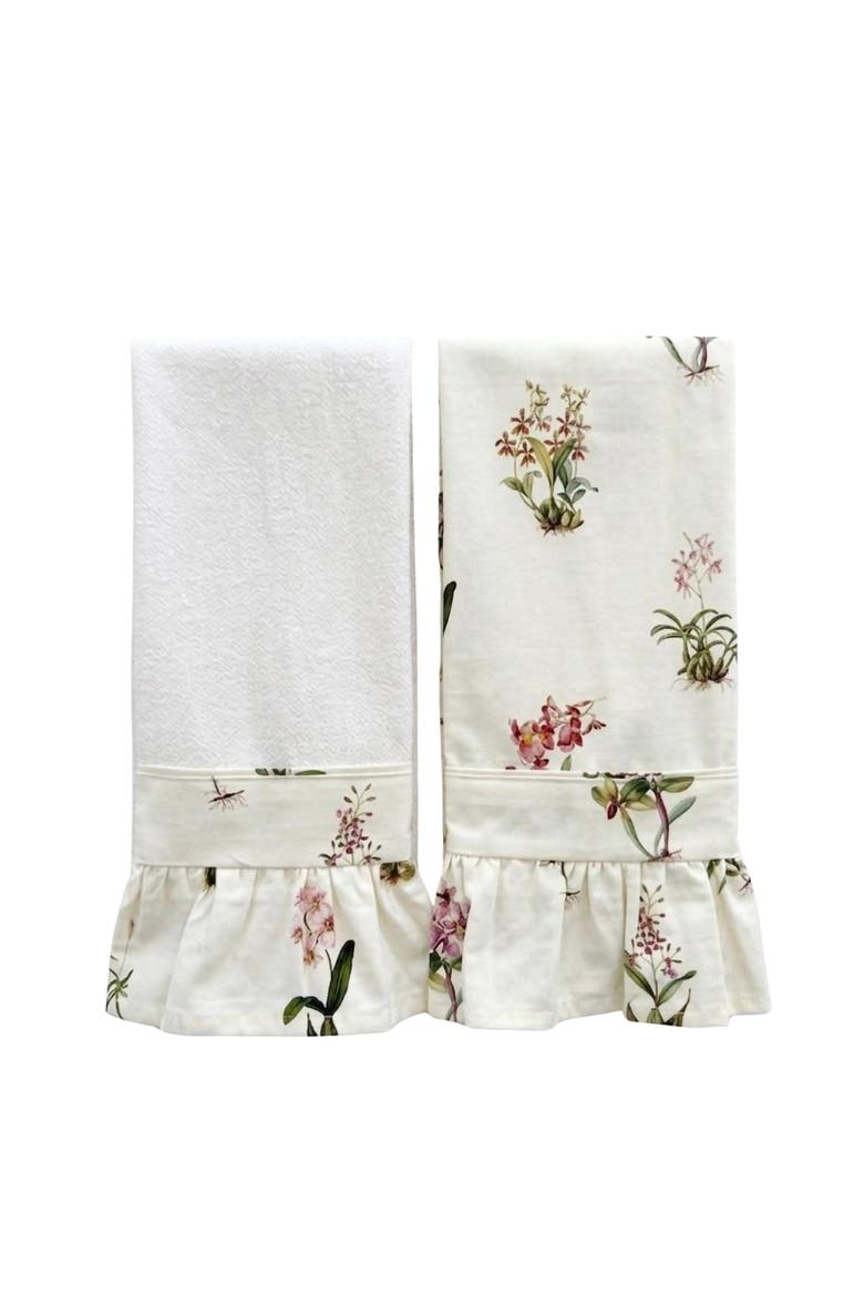 Botanical Orchid Ruffled Kitchen Towels - Set of 2, Main, color, White
