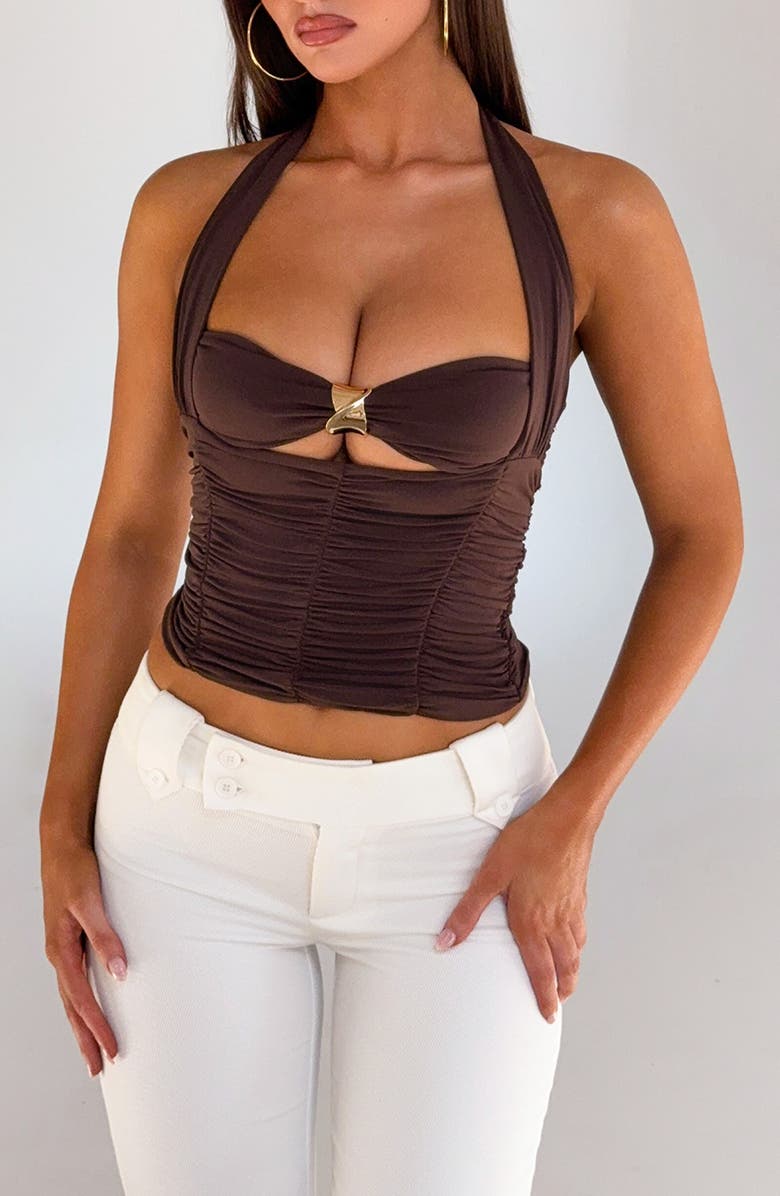 Tiger Mist Briallen Ruched Crop Halter Top, Main, color, Chocolate Brown