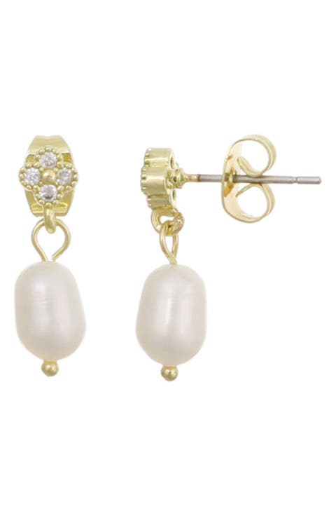 14K Gold Plated Cubic Zirconia & Freshwater Pearl Drop Earrings
