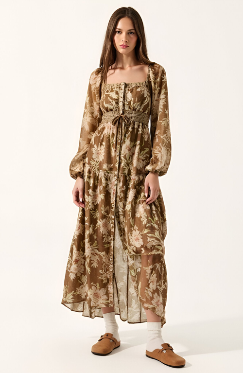 Modenaire Floral Woven Maxi Dress With Lace Trim, Bubble Sleeves And Button Front In Brown