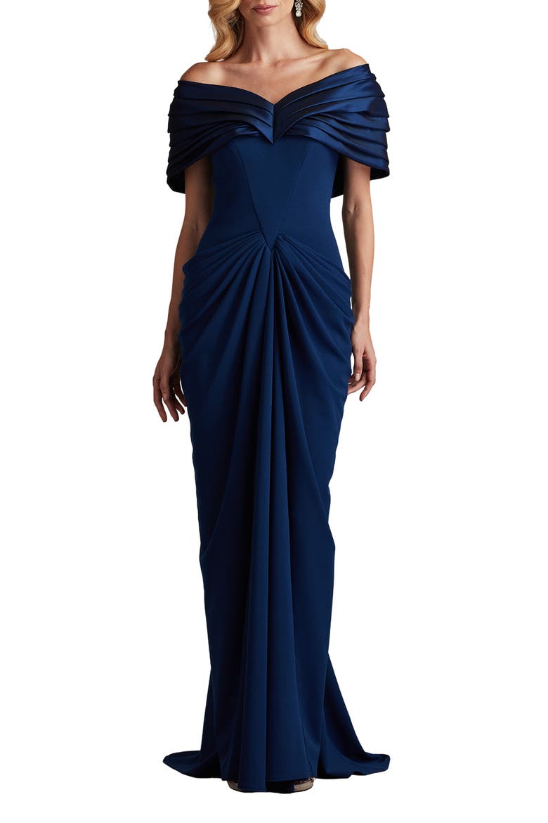 Off the Shoulder Ruched Crepe Gown, Main, color, NAVY