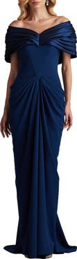 Tadashi Shoji Off the Shoulder Ruched Crepe Gown