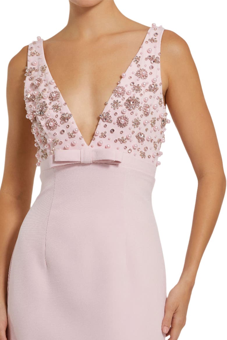 Crepe Sleeveless Beaded V Neck Gown With Bow, Alternate, color, Blush