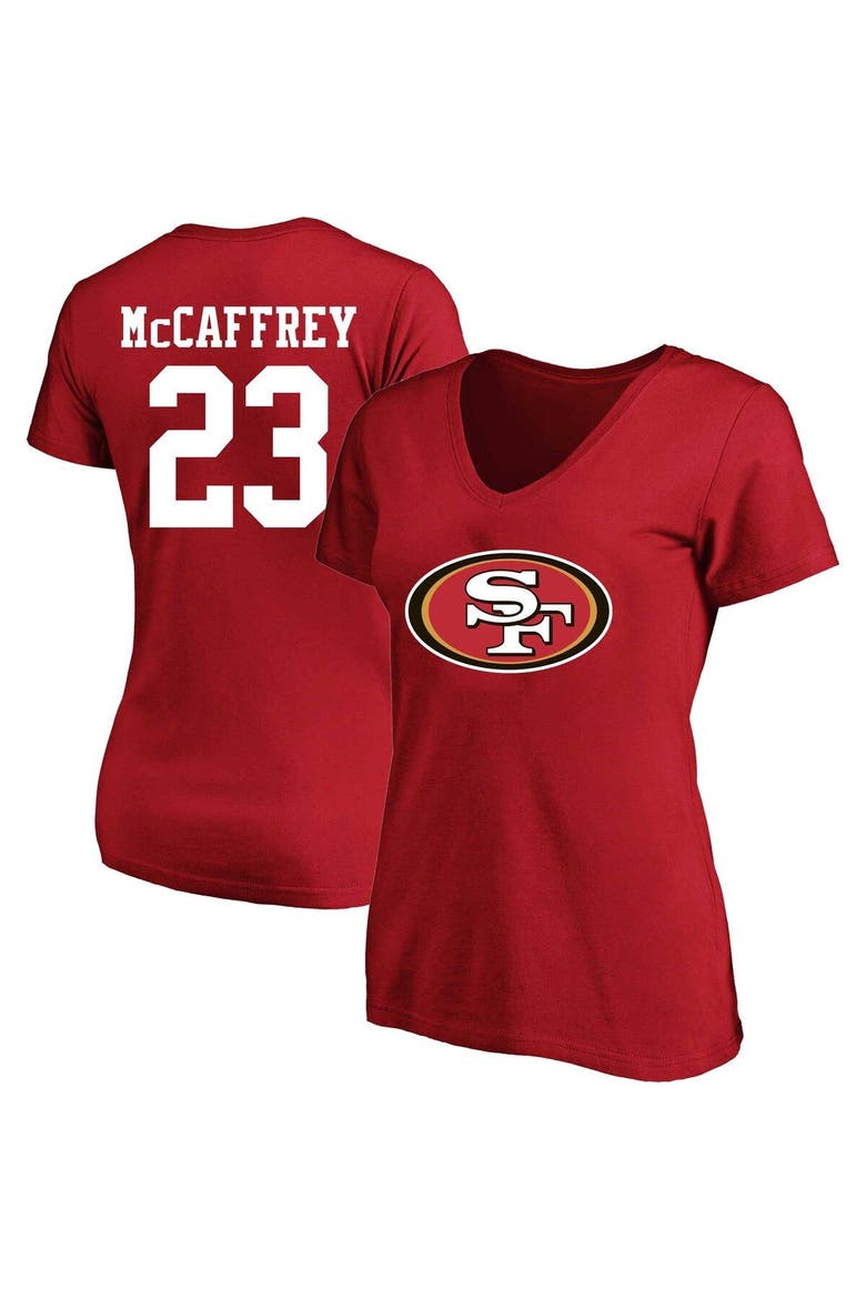 Women's Christian McCaffrey Scarlet San Francisco 49ers Plus Size Fair Catch Name & Number V-Neck T-Shirt, Main, color, Scarlet