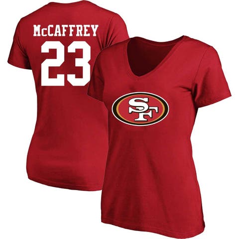 Women's Christian McCaffrey Scarlet San Francisco 49ers Plus Size Fair Catch Name & Number V-Neck T-Shirt