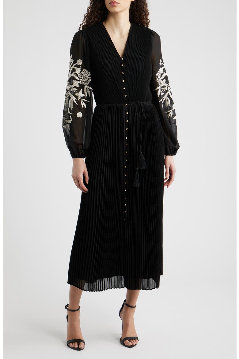 The Amanda Embroidered Long Sleeve Satin Dress, Main, color, NOIR