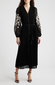 Elie Tahari The Amanda Embroidered Long Sleeve Satin Dress