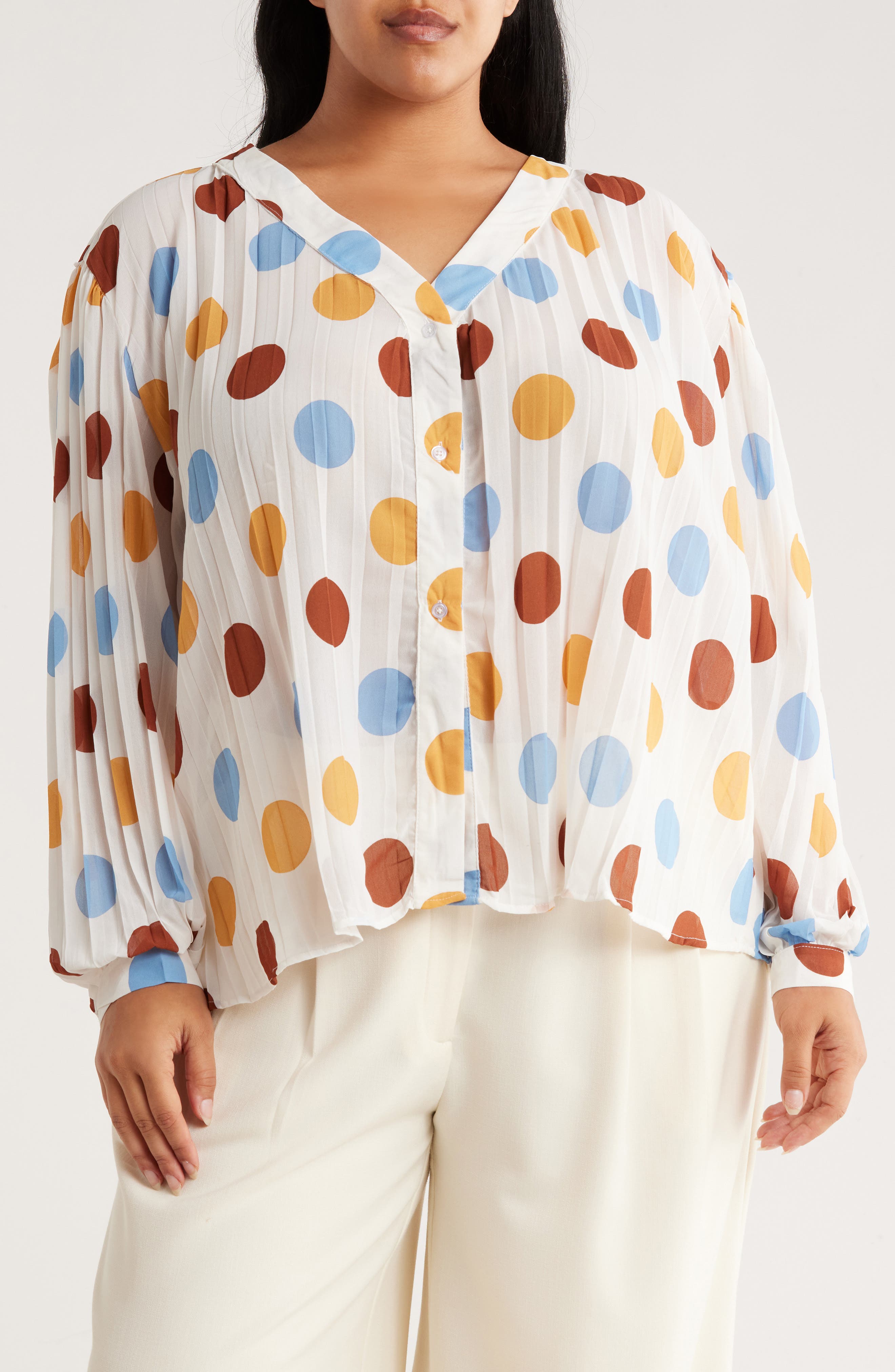 Forgotten Grace Polka Dot Long Sleeve Pleated Button-Up Top