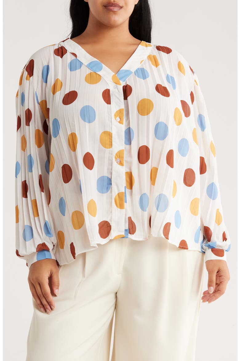 Polka Dot Long Sleeve Pleated Button-Up Top, Main, color, CIRCLES