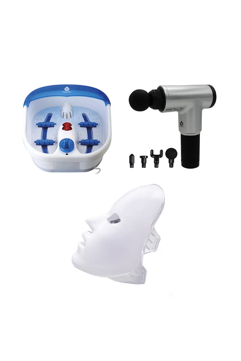 Total Self-Care System - Heated Foot Spa, Percussion Massage Gun & 7-Color LED Beauty Mask, Main, color, Multicolor